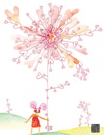 Heart plant flower pink hair girl Masha D'yans watercolor greeting card