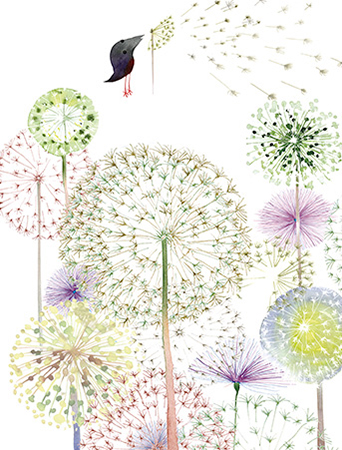 Dandelions August Bird watercolor greeting card by Masha D'yans