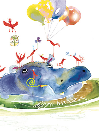 hippo birdday balloons watercolor birthday card masha d'yans
