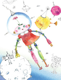 B17 robo space girl birthday aliens masha dyans watercolor greeting card