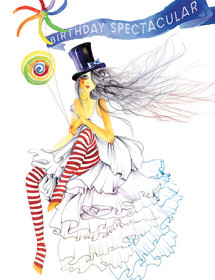 B19 seated top hat girl stripe stockings ruffle dress masha dyans watercolor birthday card