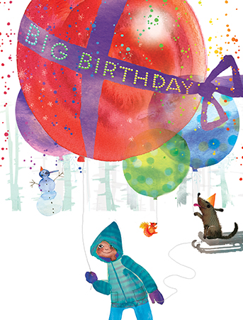 B20 big balloon boy birthday masha dyans watercolor greeting card