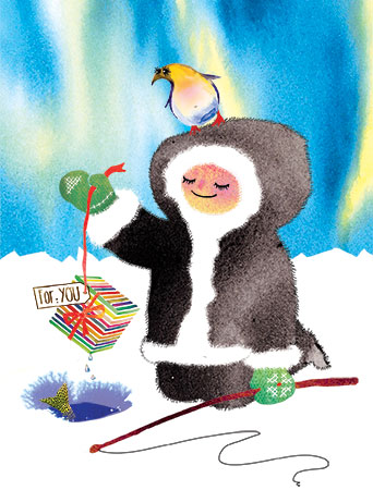 eskimo gift northern lights fishing watercolor greeting card Masha D'yans
