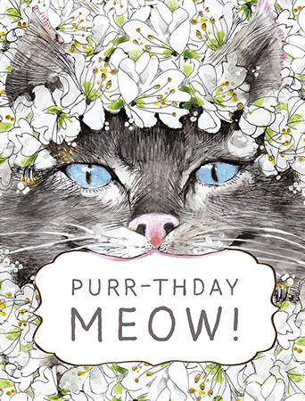 Purrthday Meow watercolor birthday card by Masha D'yans.