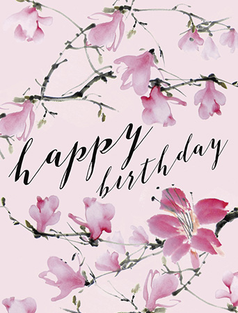 Magnolia Branches Birthday watercolor greeting card by Masha D'yans.