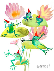 Frog Bouquet Surprise all birthday watercolor greeting card by Masha D’yans