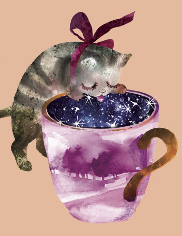 Starry Cat Cup watercolor greeting card by Masha D’yans
