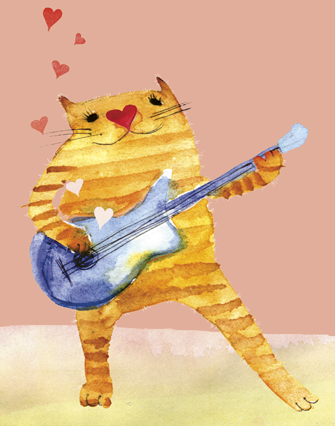 Guitar Cat watercolor greeting card by Masha D’yansMasha = Watercolor ...