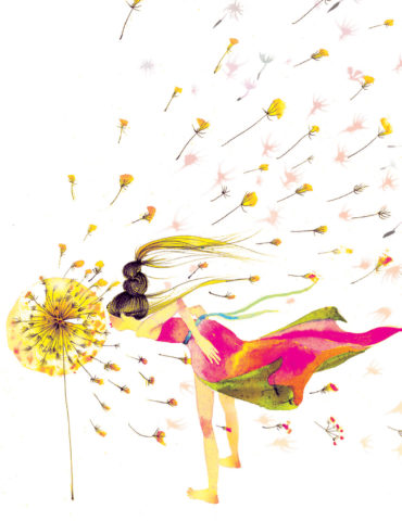 Dandelion Blow Kimono watercolor greeting card by Masha D’yans