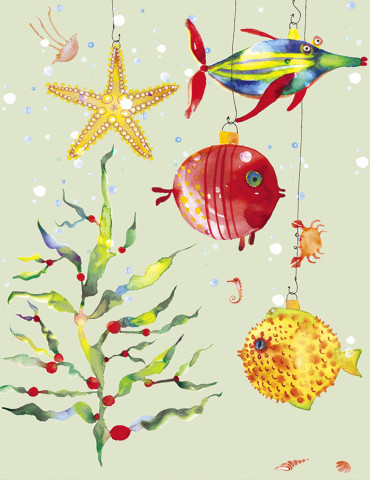 XMS Fish Ornaments watercolor greeting card by Masha D’yans