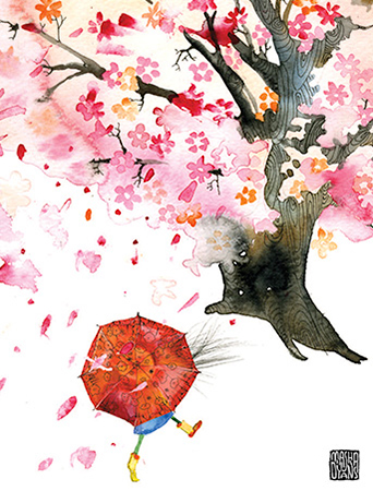 G26 bloom tree umbrella spring pink masha dyans watercolor greeting card