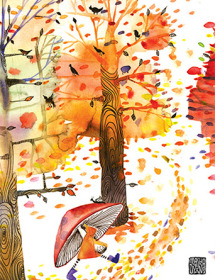 fall trees mushroom umbrella walk watercolor Masha Dyans greeting card