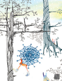 winter trees snowflake umbrella walk Masha Dyans watercolor greeting card