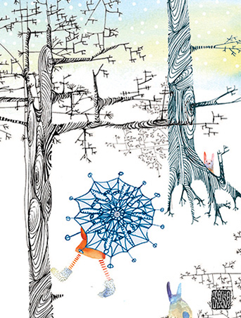 winter trees snowflake umbrella walk Masha Dyans watercolor greeting card