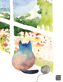 G38 window cat garden yarn miss you masha dyans watercolor greeting card