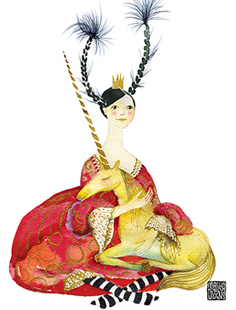G43 seated princess unicorns braids masha dyans watercolor greeting card