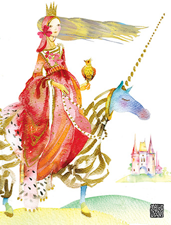 Unicorn Ride Princess G44 horseback blonde masha dyans watercolor greeting card