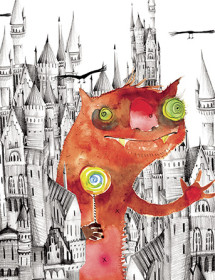 Castle monster lollipop watercolor greeting card by Masha D'yans.