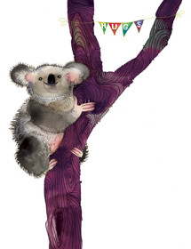 Koala hugs tree watercolor greeting card by Masha D'yans.