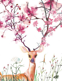 flowering deer cherry pink watercolor greeting card Masha D'yans