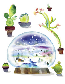 Snow Globe Cacti watercolor greeting card by Masha D’yans