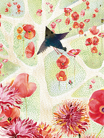 Poppy Field July Bird watercolor greeting card by Masha D’yans