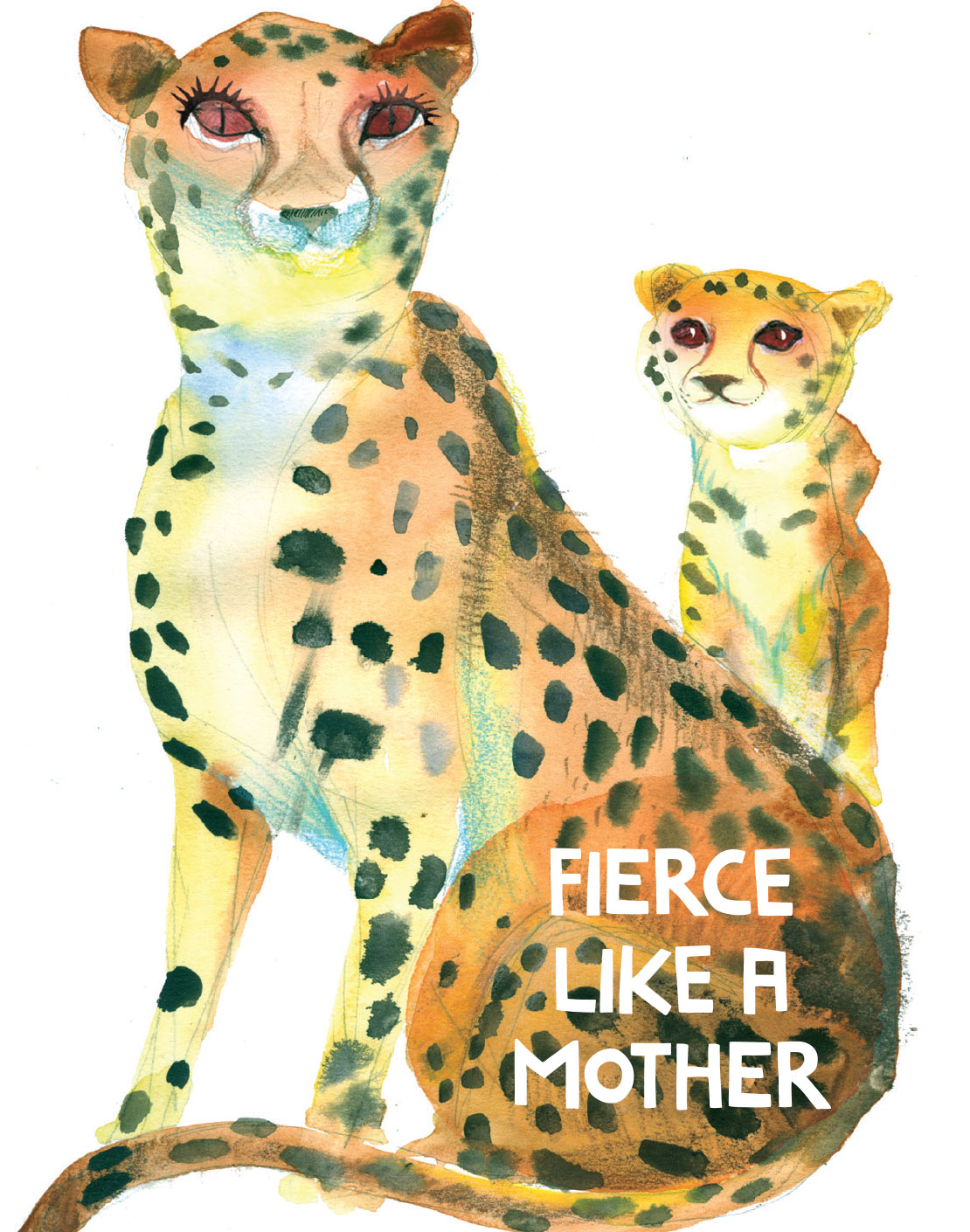 Mother's Day through art. Fierce Mom is features a beautiful cheetah and her devoted baby in the wild. Show your love to the most important shero with this Masha D’yans mother's day greeting card featuring a characteristic flight of watercolor whimsy.