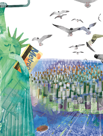 NY4 statue liberty harbor seagulls metro masha dyans watercolor greeting card