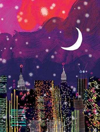 NY6 nyc night skyline purple sky city lights masha dyans watercolor greeting card