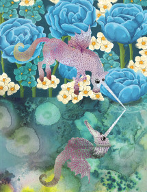 Unicorn Seahorse Reflection watercolor greeting card by Masha D’yans