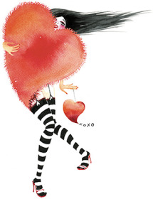 Heart Fashion red striped stockings girl Masha Dyans watercolor greeting card.