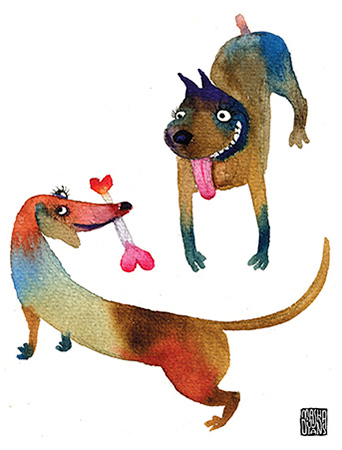 Love bone dogs Masha D'yans watercolor greeting card