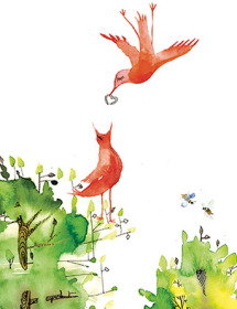 Feed Birds red worm Masha D'yans watercolor greeting card.
