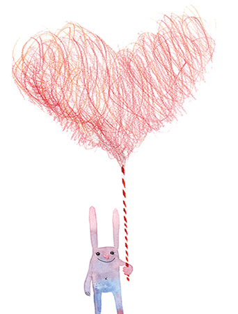 Cotton candy heart holding bunny Masha D'yans watercolor greeting card