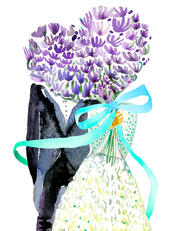 Purple Floral Heart Couple watercolor wedding card by Masha D'yans.