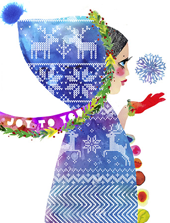 Christmas Hood girl snowflake watercolor greeting card by Masha Dyans