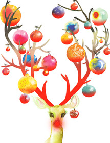 Deck the halls with Ornaments Deer dreamed up by Masha D’yans! Cleverly illuminated by Rudolph's neon red nose this watercolor art card offers a fresh take on the gleam and glitter of the holidays to delight your recipient.