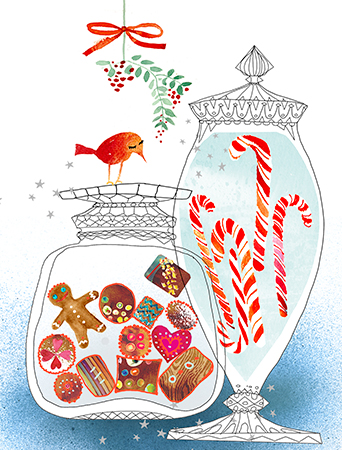 Holiday Candy Jars christmas holiday watercolor card by Masha D'yans.
